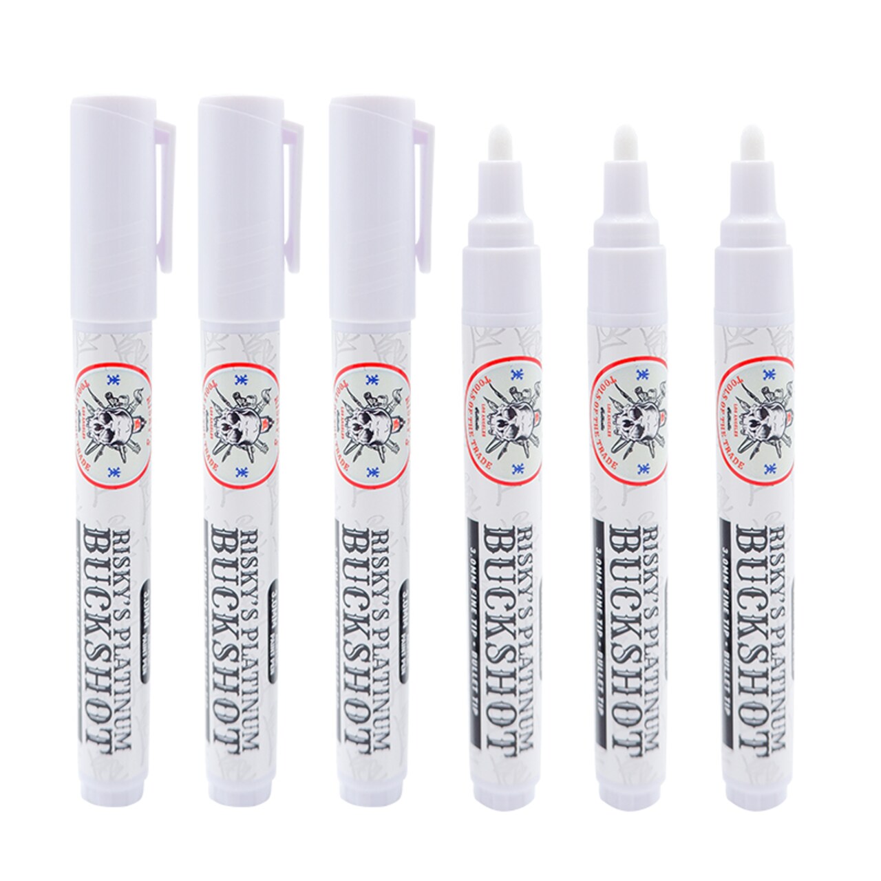Risky's Tools of the Trade Platinum 3mm Buckshot 6 Pack of White Acrylic Paint Pens for Graffiti or Fine Art